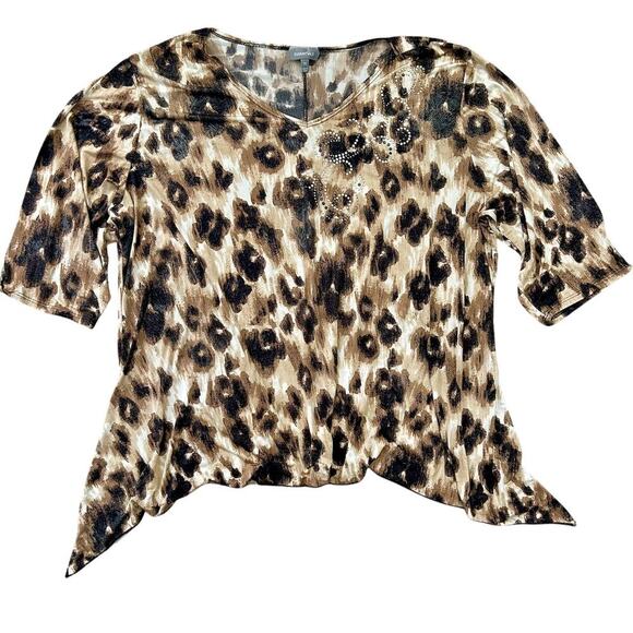Essentials Tops - Bling Animal Print Oversized Casual Comfy Plus Size Asymmetrical Basic Top 3X
